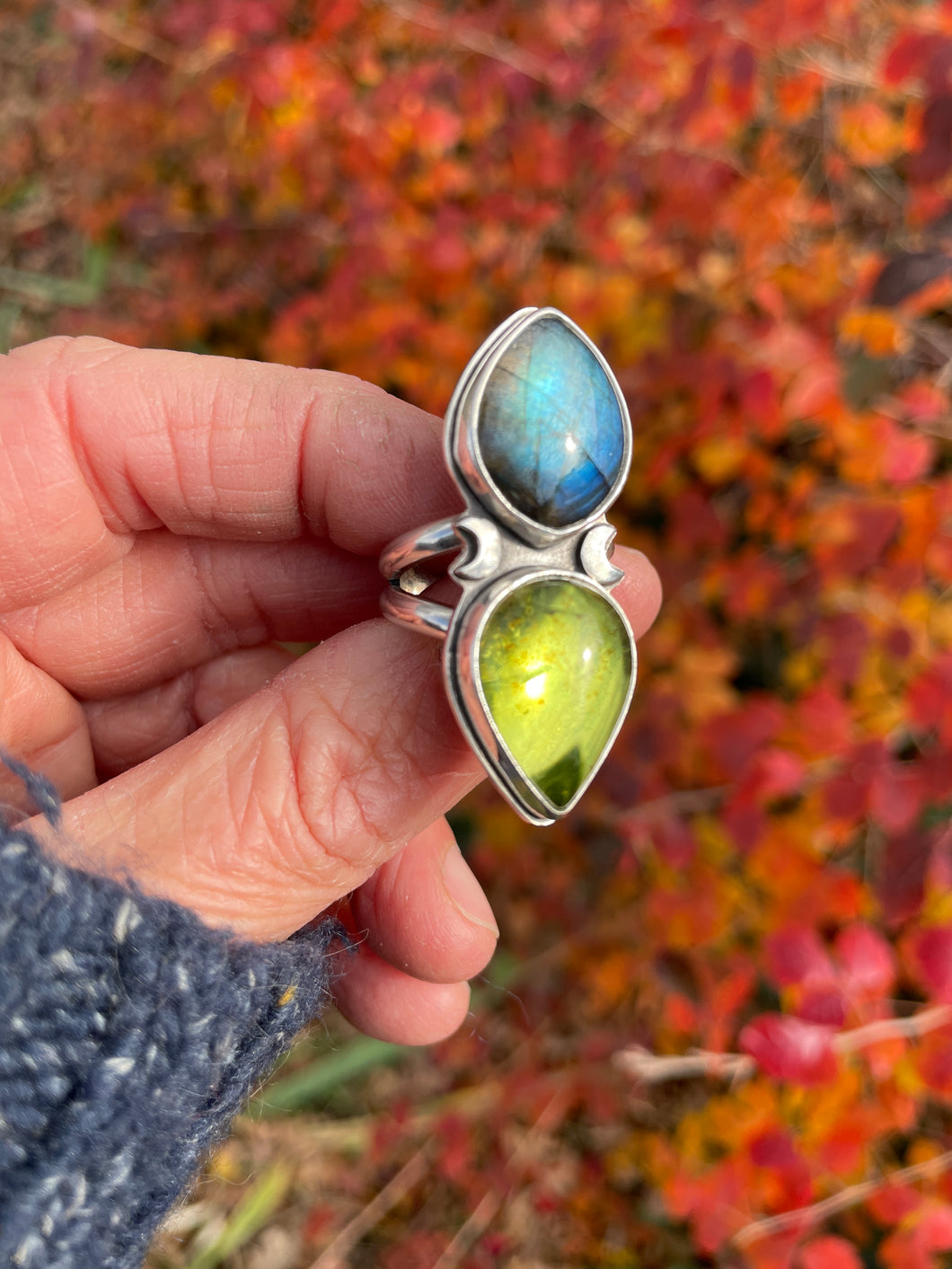 Blue Labradorite + Green Amber Celestial Ring {Size 8.5}