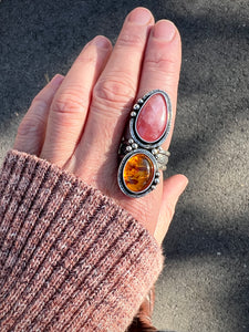 Rhodochrosite + Amber Ring ~ Finished in Size/Band Choice