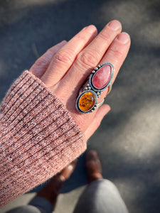 Rhodochrosite + Amber Ring ~ Finished in Size/Band Choice