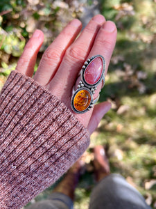 Rhodochrosite + Amber Ring ~ Finished in Size/Band Choice